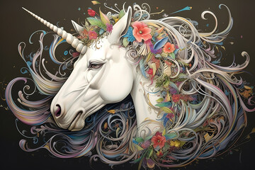 Image of unicorn horse with beautiful patterns and colors., Wildlife Animals., Mythical creatures, Generative AI, Illustration.