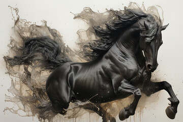 Image of black horse running, Wildlife Animals., Generative AI, Illustration.