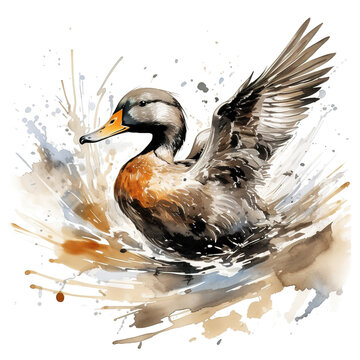 Image of colorful flying duck painting on white background. Bird. Wildlife Animals. Illustration, Generative AI.