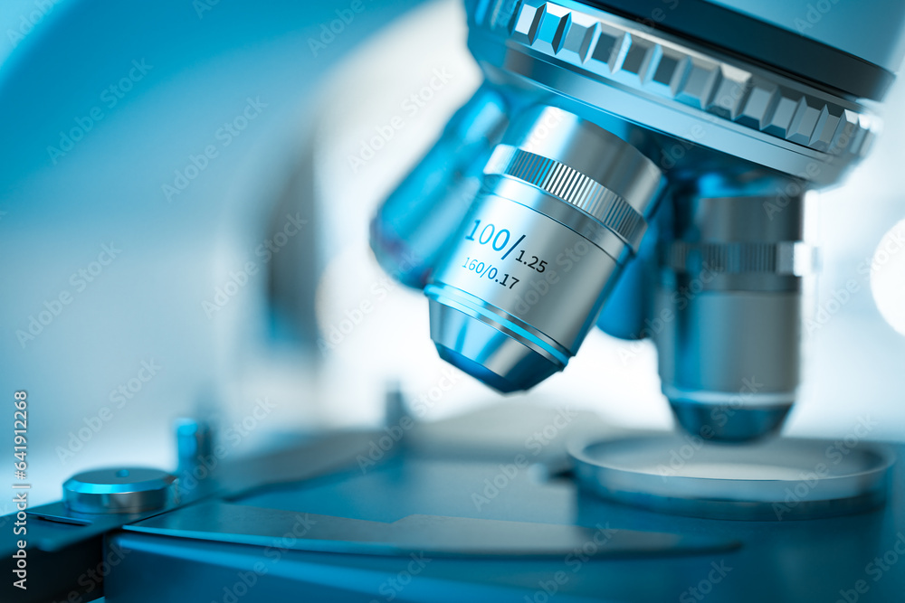 Aufkleber background of close-up microscope of biotechnology research concept, 3d rendering