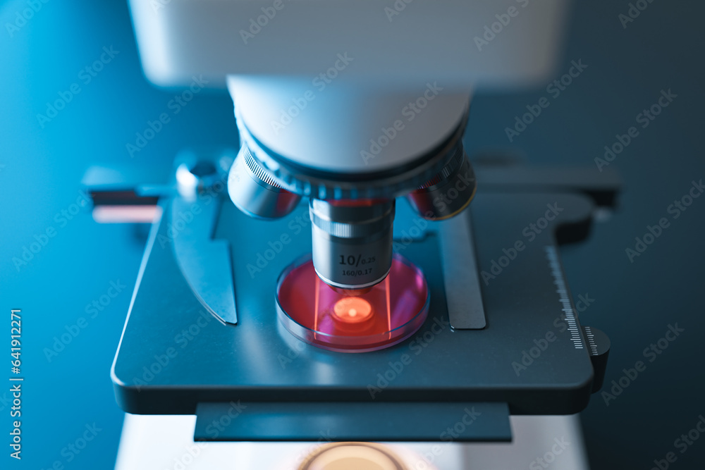 Poster background of close-up microscope of biotechnology research concept, 3d rendering