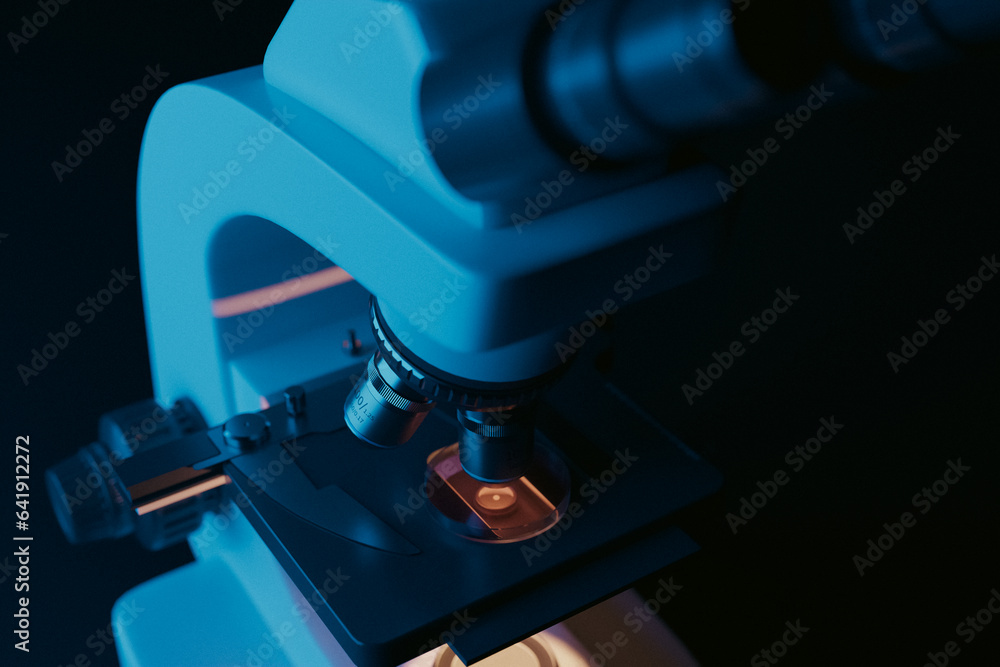 Poster background of close-up microscope of biotechnology research concept, 3d rendering