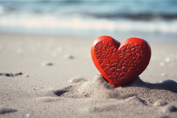 Red ceramic heart in the sand on the background of beach and sea. Toned
