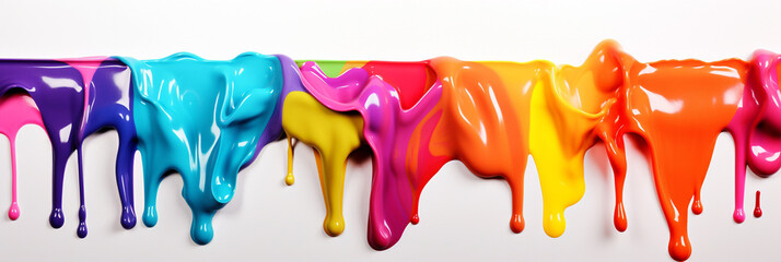 Thick, brightly colored paint runs in large steaks, drops down a white background. Banner