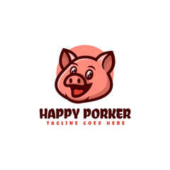 Vector Logo Illustration Happy Porker Mascot Cartoon Style.