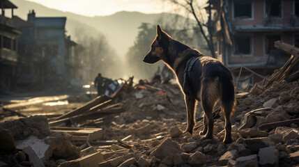 A Lone Dog Observes Houses and Buildings Amidst the Ruins of a Devastated Area - obrazy, fototapety, plakaty