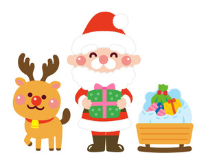 クリスマスプレゼントを運ぶサンタさんとトナカイのイラスト