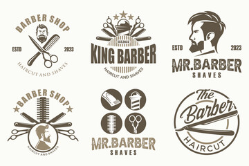 Set of vintage barber shop logo, labels, badges and design element.