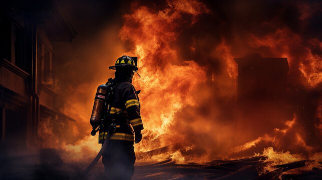 Brave Firefighter Heroically Battling a Raging Blaze in a Burning Structure