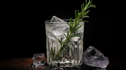 A Glass Filled with Glistening Ice and a Fragrant Rosemary Sprig