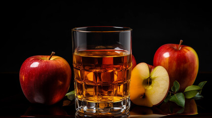 Glass of Refreshing Cider and Twin Apples Gracefully Displayed Against a Deep Black Background