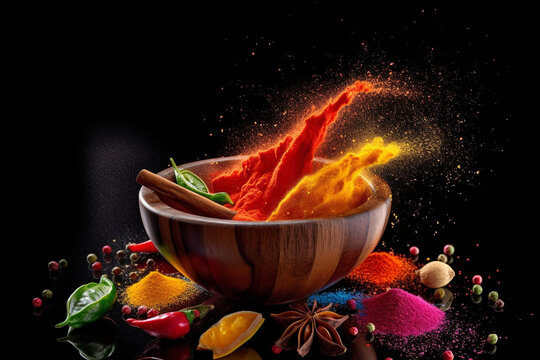 Colorful spices and peppers in wooden bowls flying over black background. Spices and seasonings powder splash. Freeze motion photo