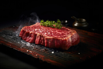 Thick raw wagyu steak meat on a grill, salted, black background