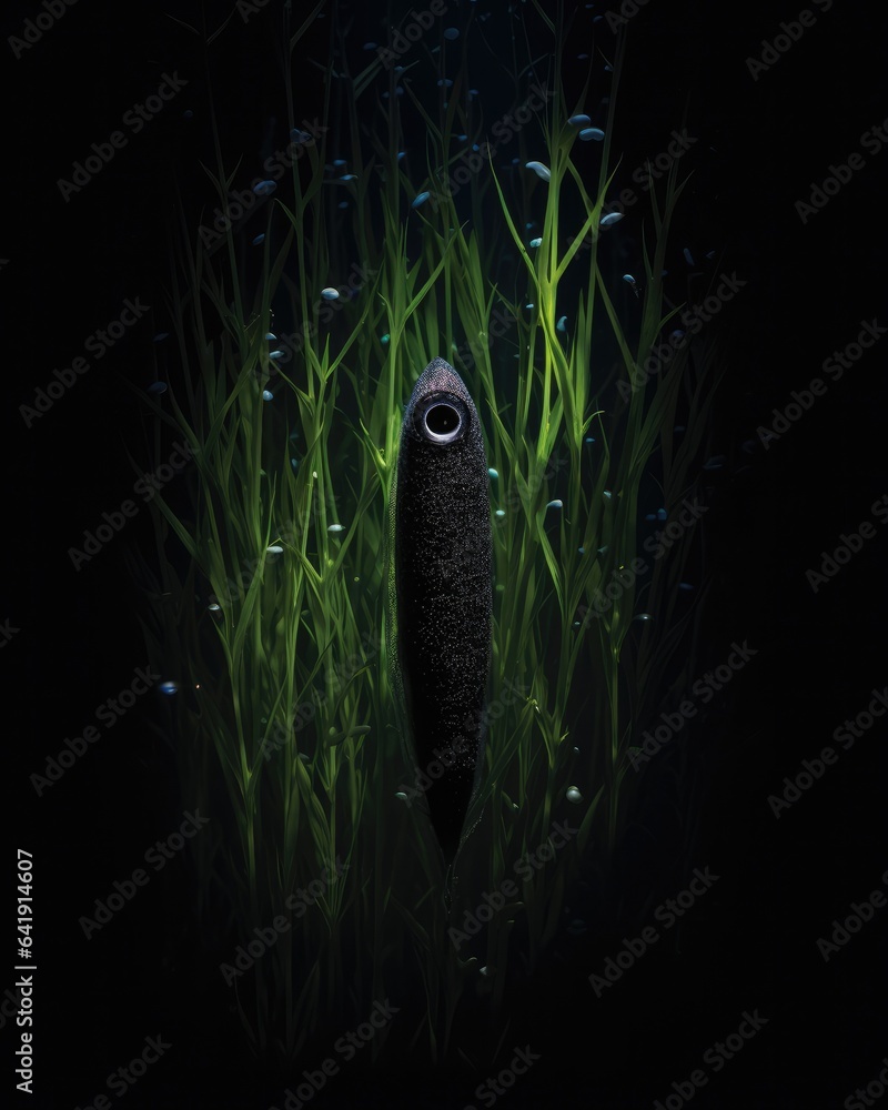 Poster a black organism in the middle of a field of grass. generative ai.