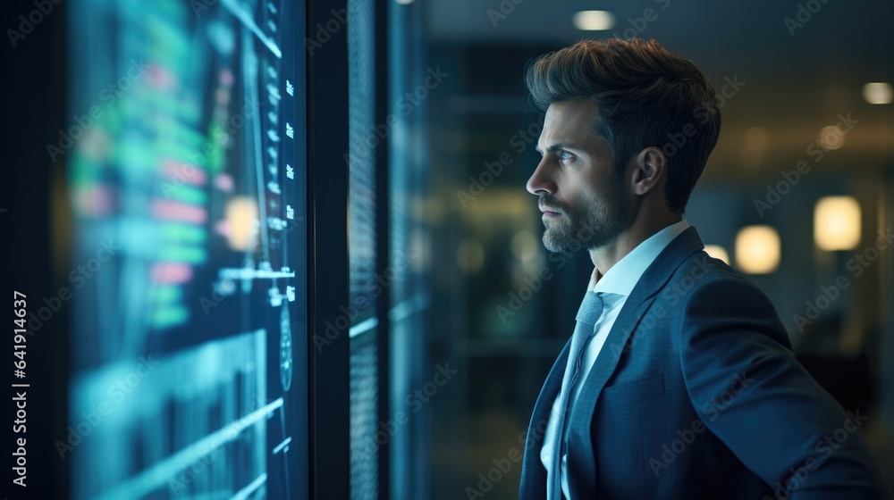Poster a man in a suit looking at a screen. generative ai.