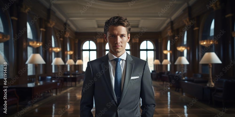 Poster a man in a suit and tie standing in a room. generative ai.