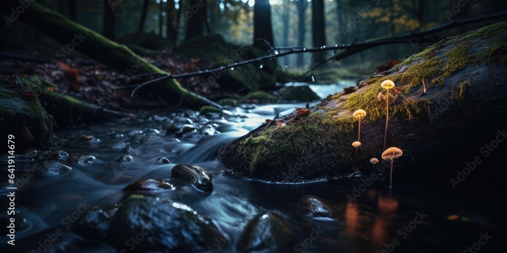Poster a stream running through a lush green forest. generative ai.