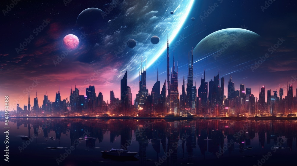 Poster a view of a city at night with planets in the sky. generative ai.