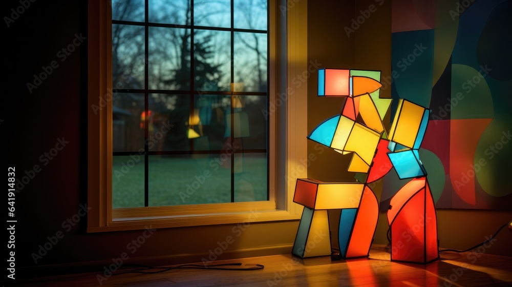 Poster A lamp that is sitting in front of a window. Generative AI.