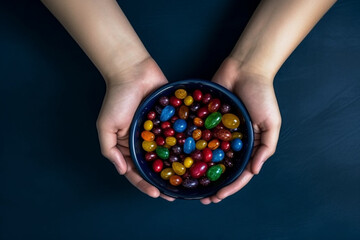 Holding bowl of candies, top view image of woman and child hand holding bowl of candies. Isolated dark blue background, copy space. Ramadan feast celebration concept idea. Greetings banner - Powered by Adobe
