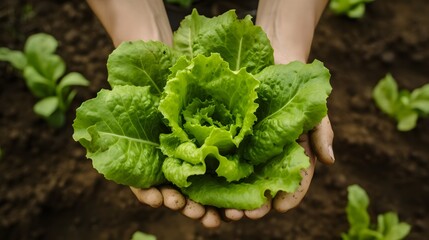 From above big green lettuce in hands on loose soft earth in garden, AI Generative