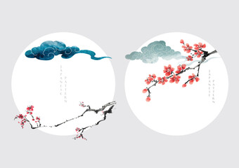Art natural landscape background with watercolor texture vector. Branch with leaves and flower decoration in vintage style. Cherry blossom with Chinese cloud element.