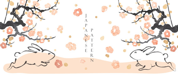 Rabbit and art natural landscape background with watercolor texture vector. Branch with leaves and cherry blossom flower decoration in vintage style. New year greeting card.