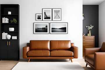 Five pictures frame mockup in home interior design. Living room, commode with brown leather sofa, lamp and vases