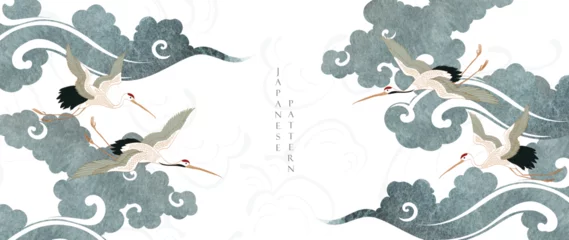 Foto op Plexiglas Japanese background with crane birds or herons element vector. Hand drawn wave chinese cloud decorations in vintage style. Watercolor painting with art abstract banner design. © Marukopum
