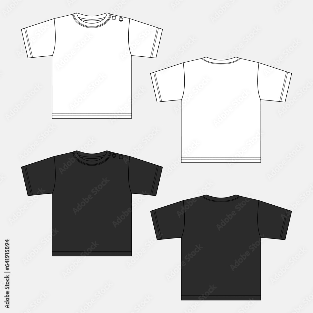 Wall mural white and black color short sleeve basic t-shirt technical fashion flat sketch vector illustration t - Wall murals
