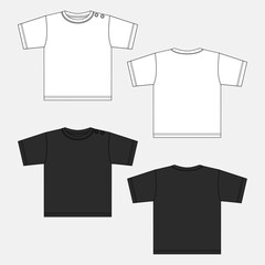 White and black color Short sleeve Basic T-shirt technical fashion flat sketch vector Illustration template front and back views. Basic apparel Design Mock up for Kids and boys.