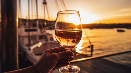 Hand Holding a Wine Glass with a Captivating Sunset in the Background - obrazy, fototapety, plakaty