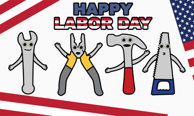 Happy Labor Day. Illustration of cute tool characters with the American flag. Vector