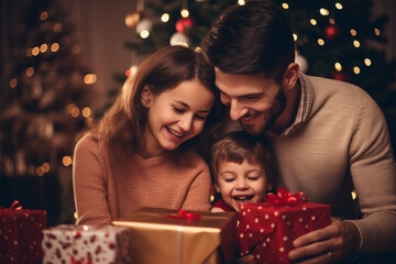 Obraz na płótnie Canvas Happy family parent and kid celebrating and opening a gift box at Christmas eve and New Year party together with fun. Generative AI.