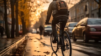 man riding a bicycle on a road in a city street. blurry city in the background. golden hour day...