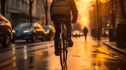 man riding a bicycle on a road in a city street. blurry city in the background. golden hour day time. Generative AI