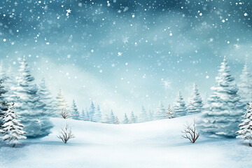 Winter landscape with fir trees in snow mountain in watercolor style. Holiday digital watercolor illustration for design on Christmas and New Year card, poster or banner. Generative AI.