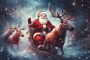 Fotobehang Reindeers pulling Santa Claus sleigh in winter background. Holiday digital illustration for design card, poster or banner in Christmas festival. Generative AI. © pingpao