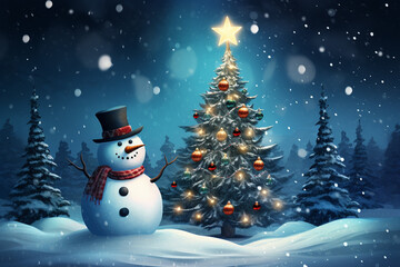 Snowman and Christmas tree in winter background. Holiday digital illustration for design card, poster or banner in Christmas festival. Generative AI.