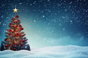 Winter landscape with fir trees in snow mountain. Holiday digital illustration for design card, poster or banner in Christmas festival. Generative AI.