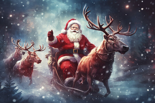 Reindeers pulling Santa Claus sleigh in winter background. Holiday digital illustration for design card, poster or banner in Christmas festival. Generative AI.