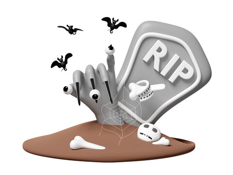 3d halloween holiday party with zombie hand, cemetery, skull, eye, bats, RIP grave marker isolated. 3d render illustration