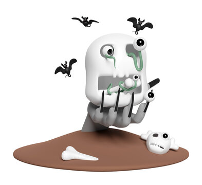 3d halloween holiday party with eye, worm, skeleton in mouth skull, zombie hand, bats isolated. 3d render illustration