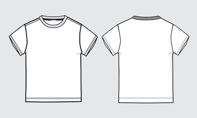 Short sleeve Basic T-shirt technical fashion flat sketch vector Illustration template front and back views. Basic apparel Design Mock up for Kids and boys.
