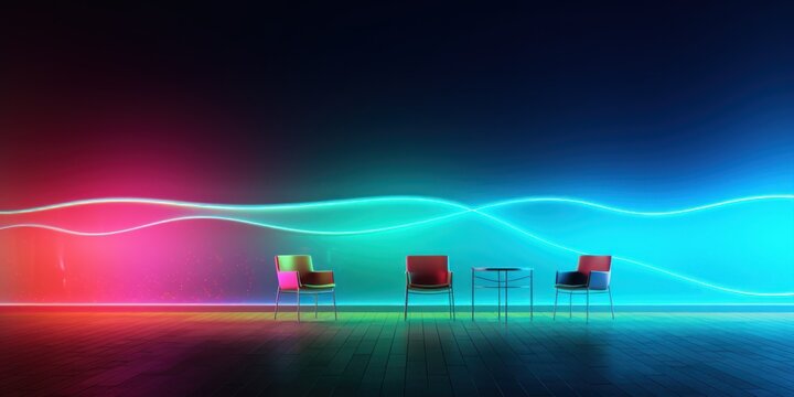 Table and chairs near the wall with neon light effects for your background. AI Generation 