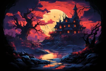 Halloween night scene with moon, Halloween night scene with pumpkin, Hunting house, illustration