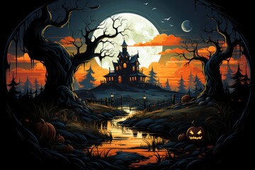 Halloween night scene with moon, Halloween night scene with pumpkin, Hunting house, illustration