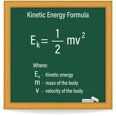 Kinetic Energy Formula on a green chalkboard. Education. Science. Formula. Vector illustration.