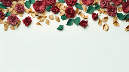 Dried red and gold roses border banner, white background