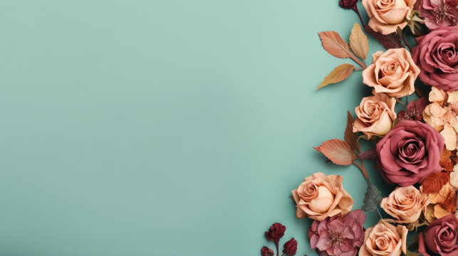 Dried red and gold roses border banner, aqua green blue background